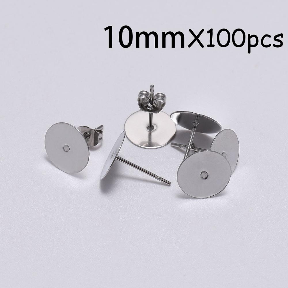 Lote de pendientes de poste de acero inoxidable blanco, 100 unidades, pasadores de Base con tapón para pendientes, reverso de oreja para joyería DIY, soporte de cabujón: 10mm X 100pcs