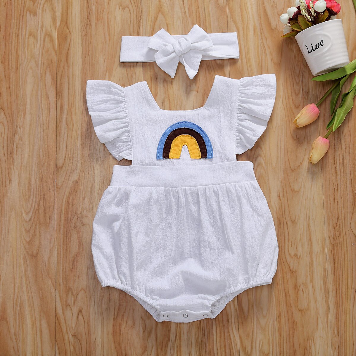 Body imprimé arc-en-ciel pour bébés filles | Tenue pour bébés filles 0-24m, manches courtes, solide, combinaisons à volants 3 couleurs
