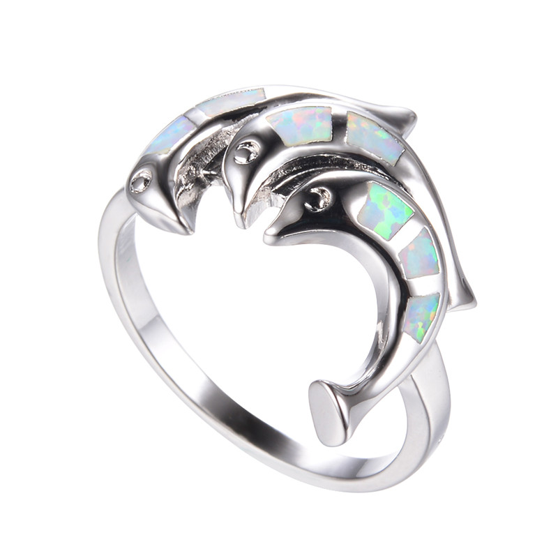 Unique Three Dolphin Animal Ring White Blue Opal S... – Grandado