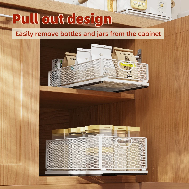Cajón de almacenamiento de cocina debajo del fregadero, cesta extraíble con riel, ahorro de espacio, botella, tarro, organizador, suministros para el hogar