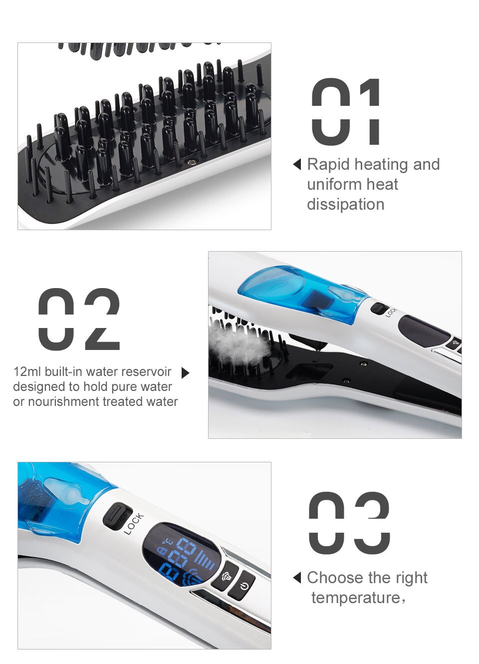 Peine alisador de pelo a vapor, cepillo alisador de pelo eléctrico, peine , plancha plana , recubrimiento de cerámica, LCD, vaporizador