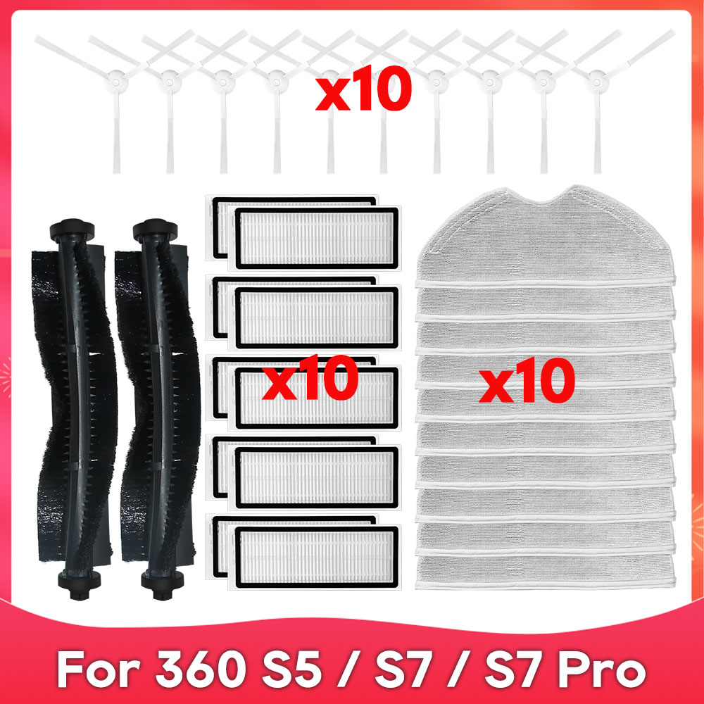 Fit for 360 S5 / S7 / S7 Pro Robot Vacuum Cleaner Spare Parts Roller Side Brush Hepa Filter Water Tank Filter Mop Cloths Rag: Burgundy