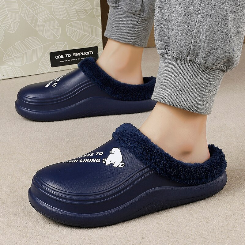 Zuecos de casa de invierno para hombre, zapatillas de levantar con impresiones, Forro cálido de felpa, zapatos impermeables para casa, zuecos cálidos de ,