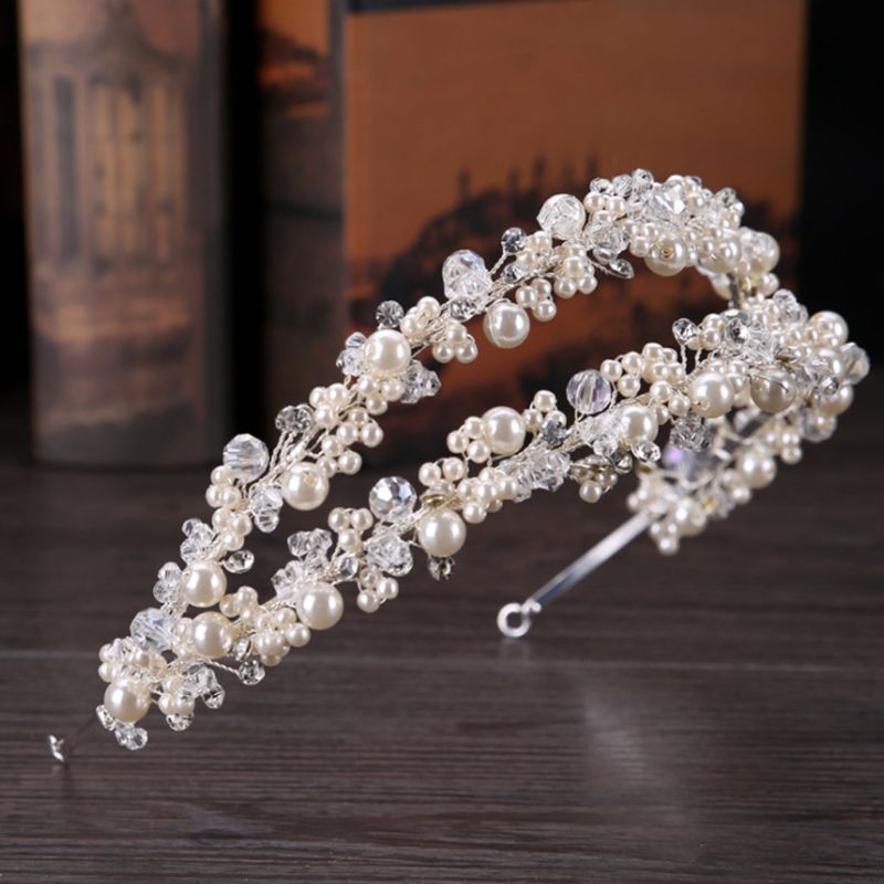 Diadema de novia Tiara nupcial corona hecha a mano perla doble capa boda tocados