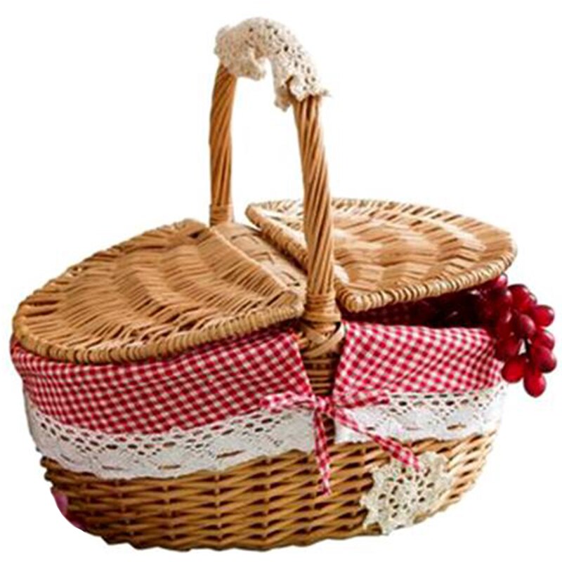 Hand Made Wicker Basket Wicker Camping Picnic Basket Shopping Storage Hamper and Handle Wooden Wicker Picnic Basket: Default Title