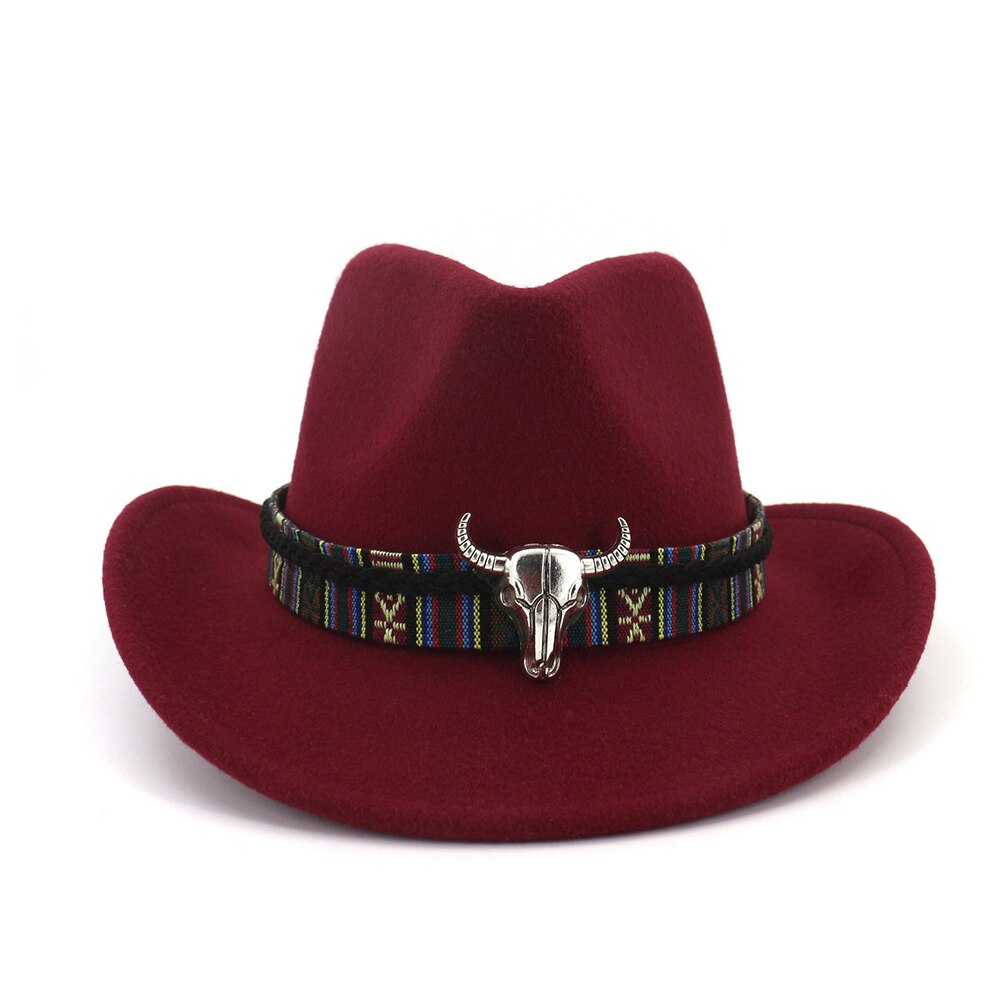 Chapéu de vaqueiro ocidental, chapéu de cowboy da moda, com cabeça de vaca, aba larga, chapéu de lã pop jazz, chapéu de inverno, tamanho 56-58cm: Wine Red