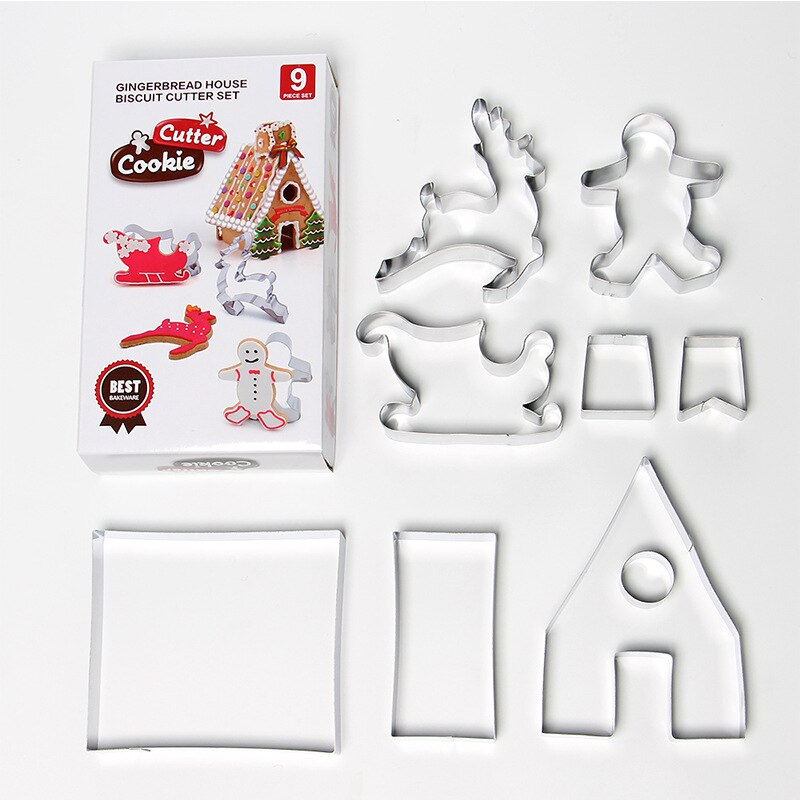 9Pcs Kerst Cookie Peperkoek Huis Mallen Bakvormen Cookie Tool Biscuit 3D Gebak Cake Dessert Decoratie Gereedschappen