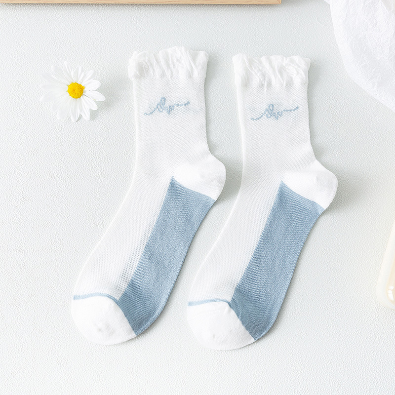 Baumwoll socken Frauen weiße Spitze weibliche dünne Mittel rohr eins Blumen druck niedlichen Baumwolle Frühling Herbst Sommer Rüschen Mädchen Strümpfe: Blau