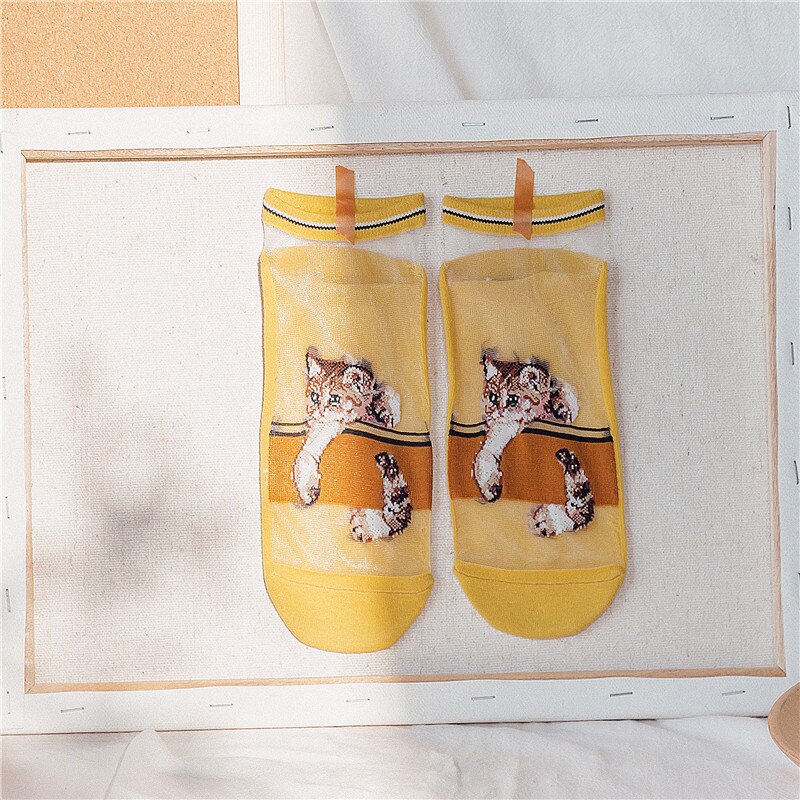 Damessokken lente cartoon katten koreaanse stijl trendy dunne zomer casual enkelsokken bedrukte vrouwelijke grappige sokken: Geel