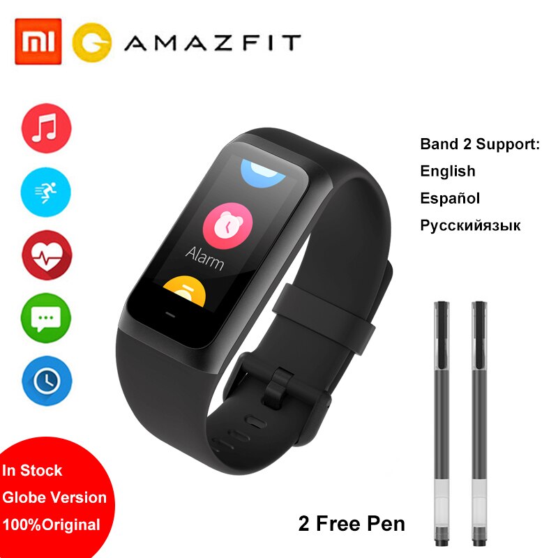 Amazfit band cor 2 smartwatch 5 atm waterdicht 2.5d kleuren roestvrijstalen frame voor android ios huami smartwatch armband: Zwart voeg 2 pennen toe