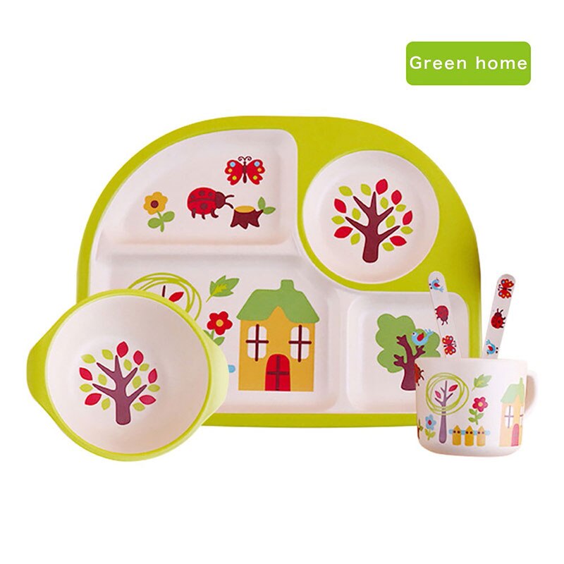 Baby Bamboe Voerbak Bpa Gratis Gerechten Vork Lepel Cup 5Pcs Serviesje Fad Kinderen Servies Kids Scheiding Voeden plaat: Licht Groen
