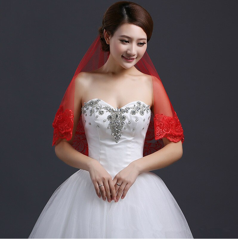 in Stock Weiß Elfenbein rot Braut- Schleier Elfenbein Spitze kurz Ellbogen Hochzeit Schleier Appliques lang Dom Braut Schleier 1.5M 3M