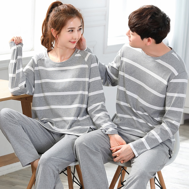 Conjunto de pijamas de pareja para hombre y mujer, ropa de dormir suelta de algodón de de manga larga, para el hogar,