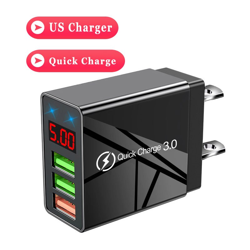 Elough 3 porty USB szybka ładowarka 30W 5V/3A LED cyfrowy wyświetlacz telefon komórkowy szybka ładowarka ładowarki do telefonów komórkowych uniwersalna ładowarka do iPhone Xiaomi Poco x3 ładowarka ścienna: QC US Black