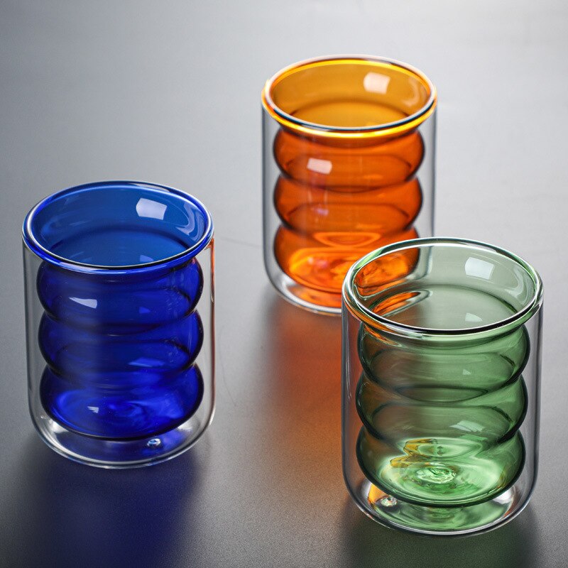 2pcs Color Spiral Glass Double Layer Cup Milk Cup Coffee Mousse Cup Glass Juice Cup Glass Drinkware Restaurant Household Bar