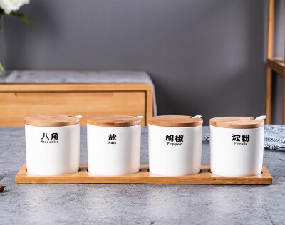 Smuk sukkerskål hjemmekøkken 4 in 1 sæt keramik salt krydderi krukker med 4 skeer sorte ord kan fjernes: Design 4