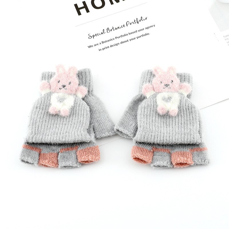 Gants d&#39;hiver en tricot pour enfants, motif lapin mignon, mitaines de dessin animé pour filles, doux et chauds, sans doigts, pour bébé de 2 à 7 ans: gray