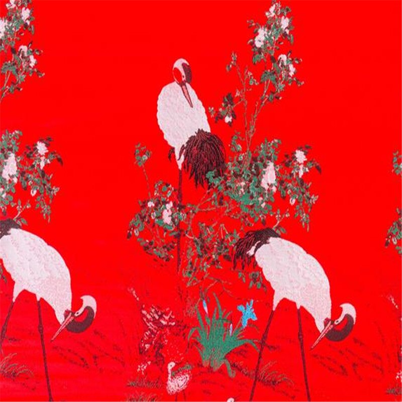 75X100 Cm Rood-Kraanvogel Geluk Betekenis Jacquard Patroon Brocade Polyester Stof Voor Kimono: Default Title