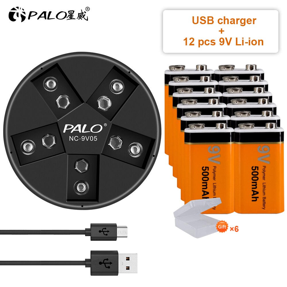 9V battery 6f22 lithium battery li-ion rechargeable battery 9v with 5 slots charger for ni-mh lithium 9v battery: 12pcs and charger