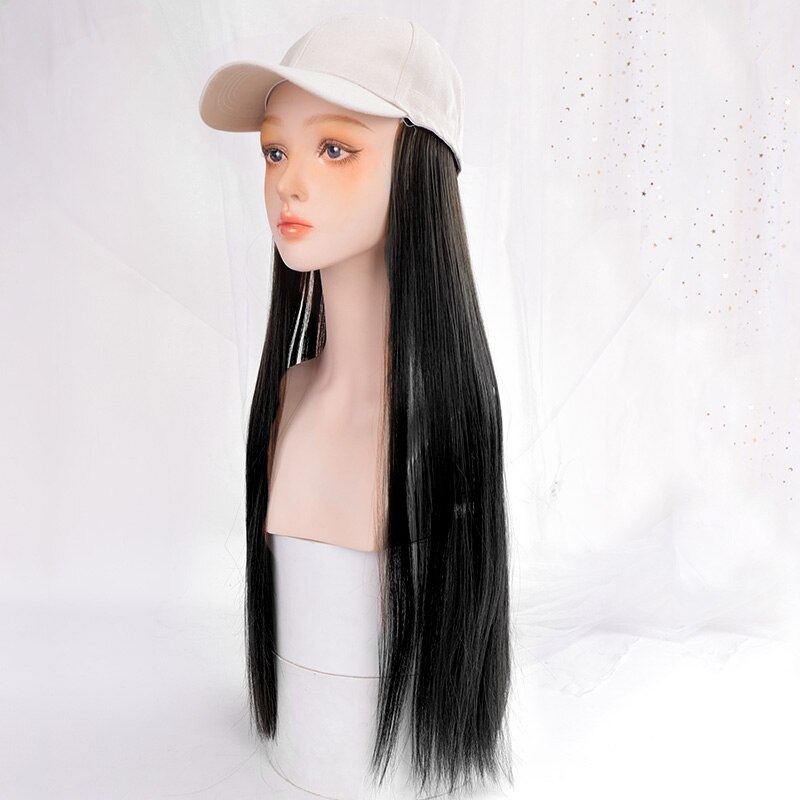 Berretto da baseball con capelli lunghi lisci capelli finti parrucca cappello estensioni dei capelli sintetici cappello con capelli parrucchino naturale per le donne: nero