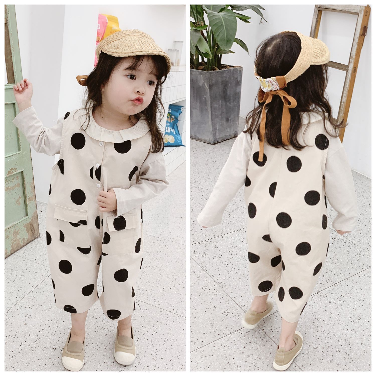 WLG Boys Girls Loose Overalls Spring Summer Dot Printed Beige Sleeveless Clothes Baby Casual All Match Outfit for 1-5 Years