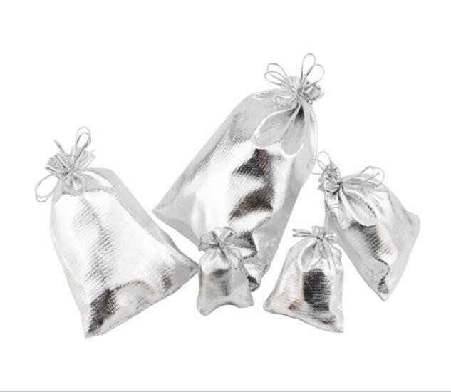 50pcs/lot 11x16 13x18 15x20 17x23cm Golden/Silver Color Drawstring Organza bag Christmas Wedding Jewelry Packaging bags