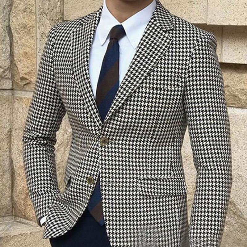 Blazer a cuadros de pata de gallo para hombre, chaqueta de traje de una pieza con 2 aberturas laterales, abrigo informal ajustado para hombre, ropa de 2023
