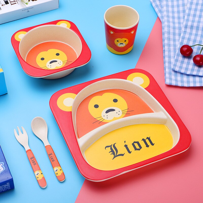 Imebaby5 pièce ensemble bambou vaisselle bambou bol bébé alimentation plaque créative dessin animé enfants bol/tasse/fourchette cuillère coffret: Little lion