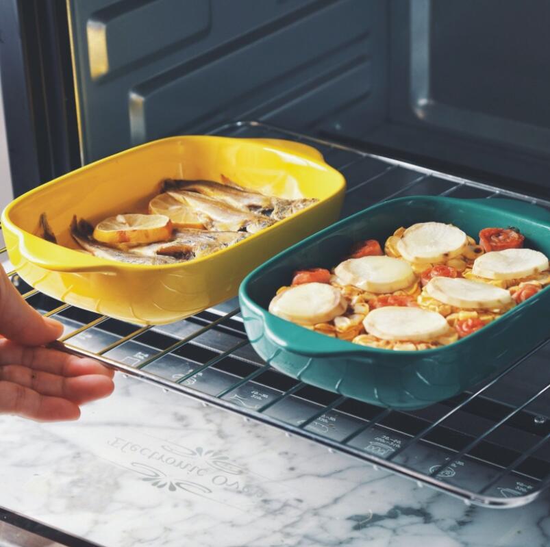 European-Style Glazed Ovenware Baking Dish Double-Eared Rectangular Ceramic Baking Mould Pasta Dishes Pans Baking Tray Kitchen