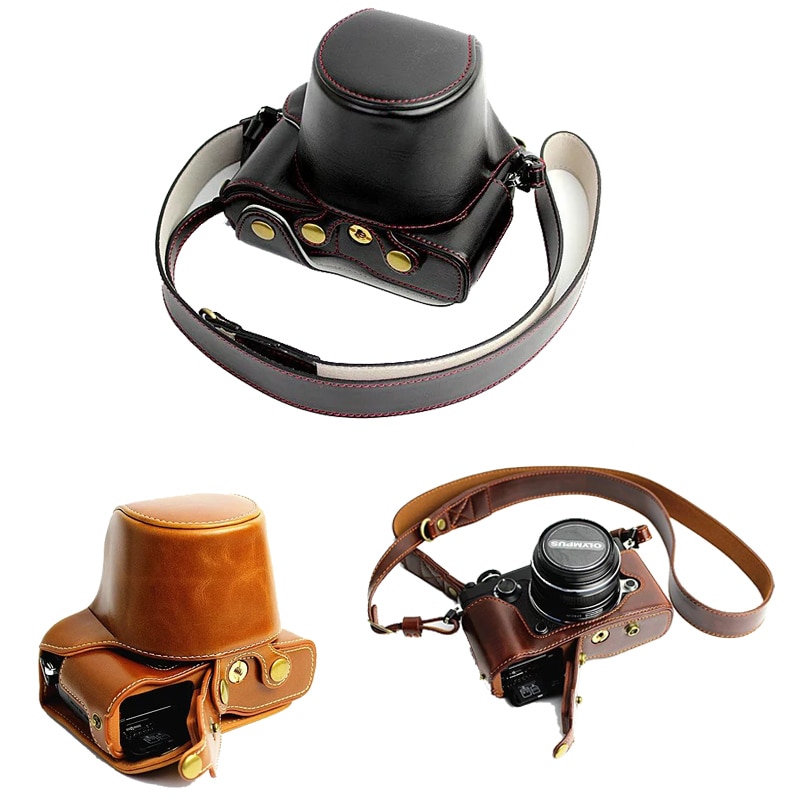 Luxe PU Lederen Camera Case Body Voor Olympus PEN-F Pen F Camera Tas met Riem Open Batterij Zwarte Koffie Bruin