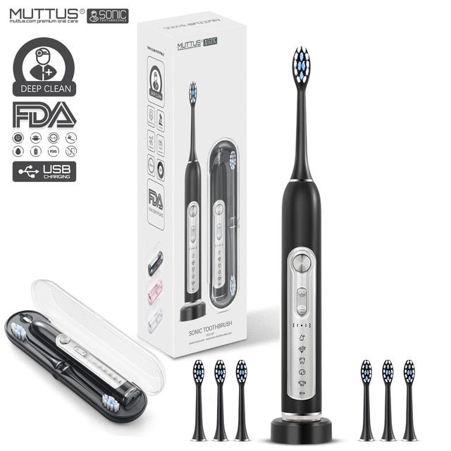 Premium Electric Toothbrush & Sonic Toothbrushes, MUTTUS, 5 Modes 15 Brushing Experience, 6 Brushheads, Travel Case Enable: Black