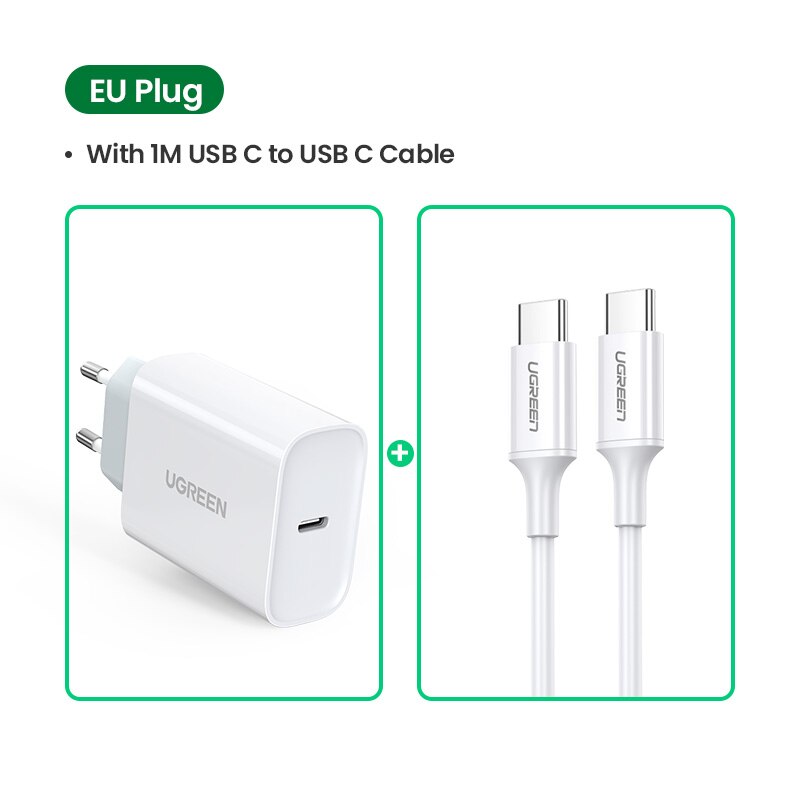 Ugreen PD chargeur 30W USB Type C chargeur rapide pour iPhone 12 X Xs 8 Macbook téléphone QC3.0 USB C Charge rapide 4.0 3.0 QC PD chargeur: EU 1M C-C Cable