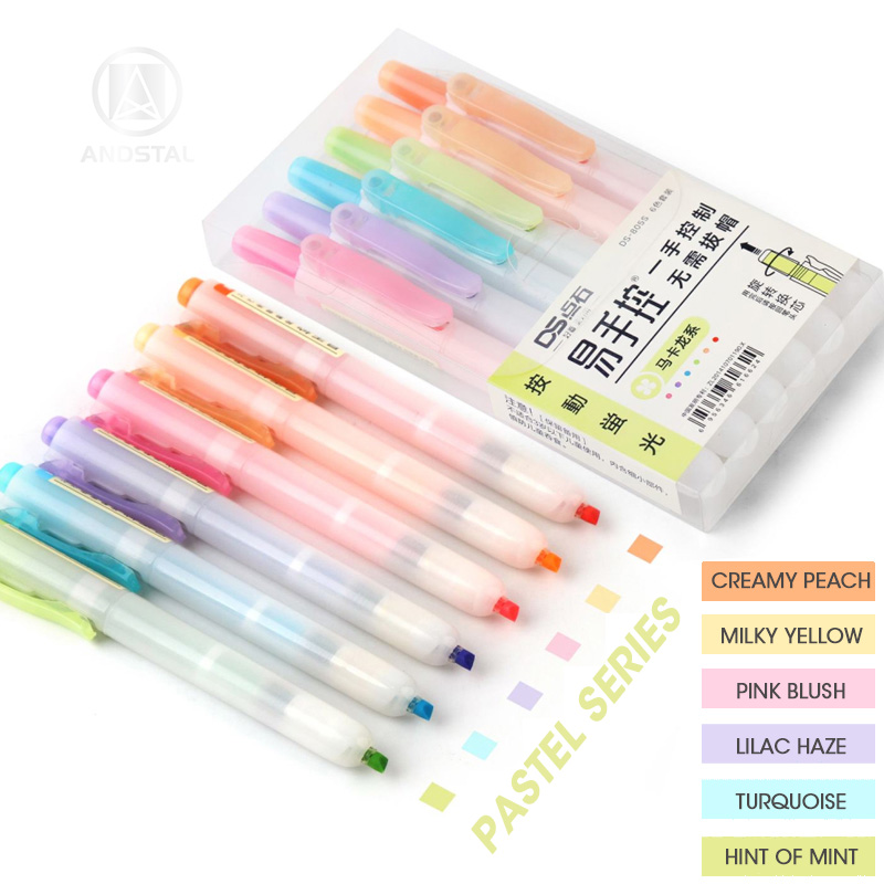 Andstal unik pastel / fluo / blød / retro udtrækkelig highlighter pen 6/12 stk fluorescerende farve til skolemarkør papirvarer kontor: 6 stk pastelfarver