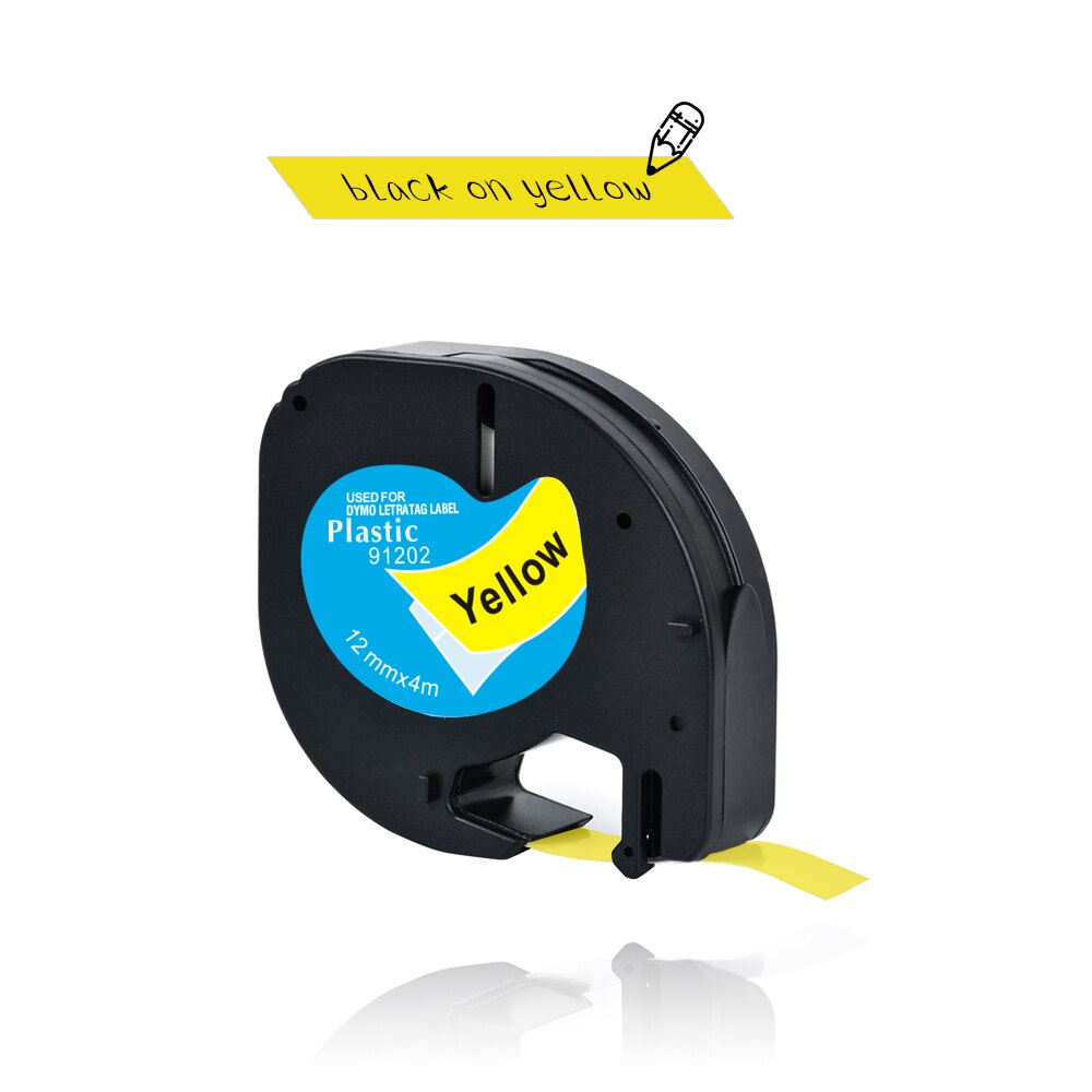 Yance 91201 kompatibel til dymo letratag plastiktape 12mm*4m sort på hvid  lt 91331 91330 18769 18771 til lt -100t etiketmaskine: Sort på gul