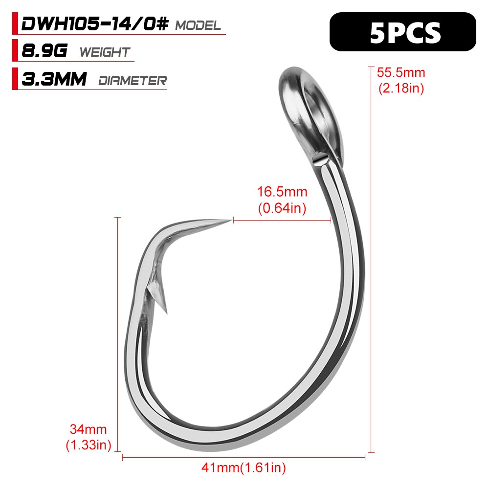 5pc Saltwater Ocean Boat Fishing Hooks Circle Hook 11/0#-16/0# Anticorrosion Stainless Steel Tuna Shark Fishhook: 14-0