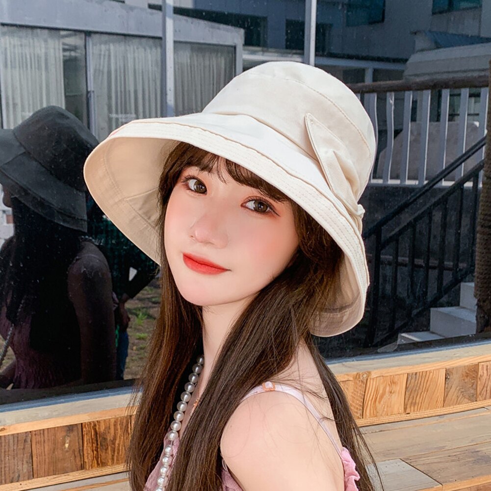 Women Solid Color Bowknot Wide Brim UV Protection Summer Sun Hat Bucket Cap