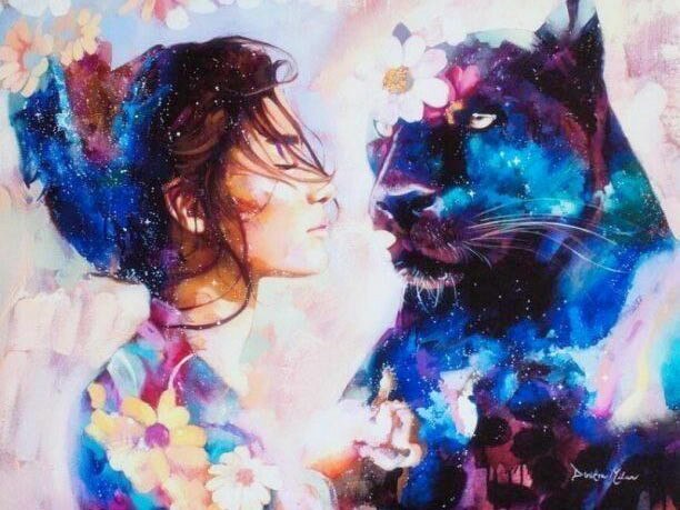 Azqsd olieverfschilderij op nummer wolf meisje diy kleurrijke verf handgemaakte oningelijste tekening op nummer dier huisdecoratie: Grootte 5387