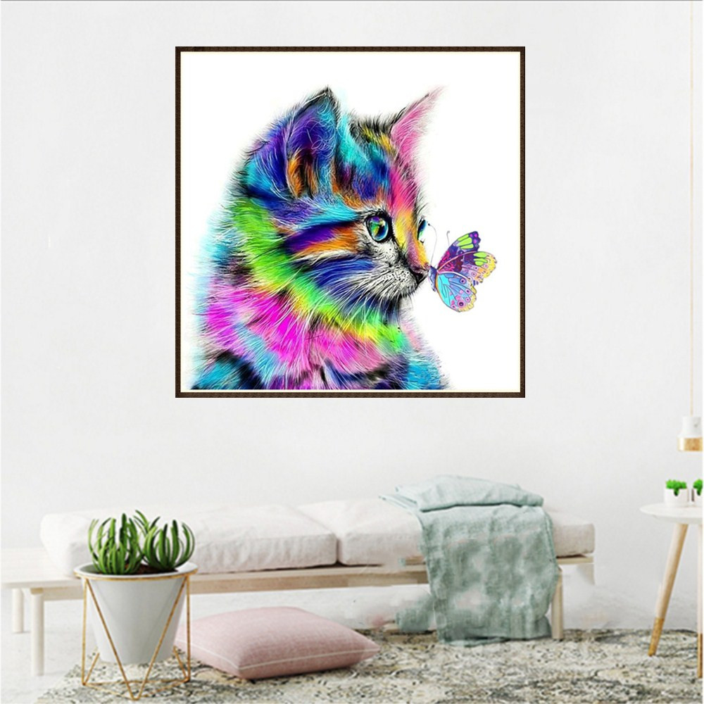 Cuentas cuadradas 5d Diy de gato pintado Diamante, colores del Arcoíris, bordado 3d, punto de cruz 5d, decoración para sala de estar, # T5P