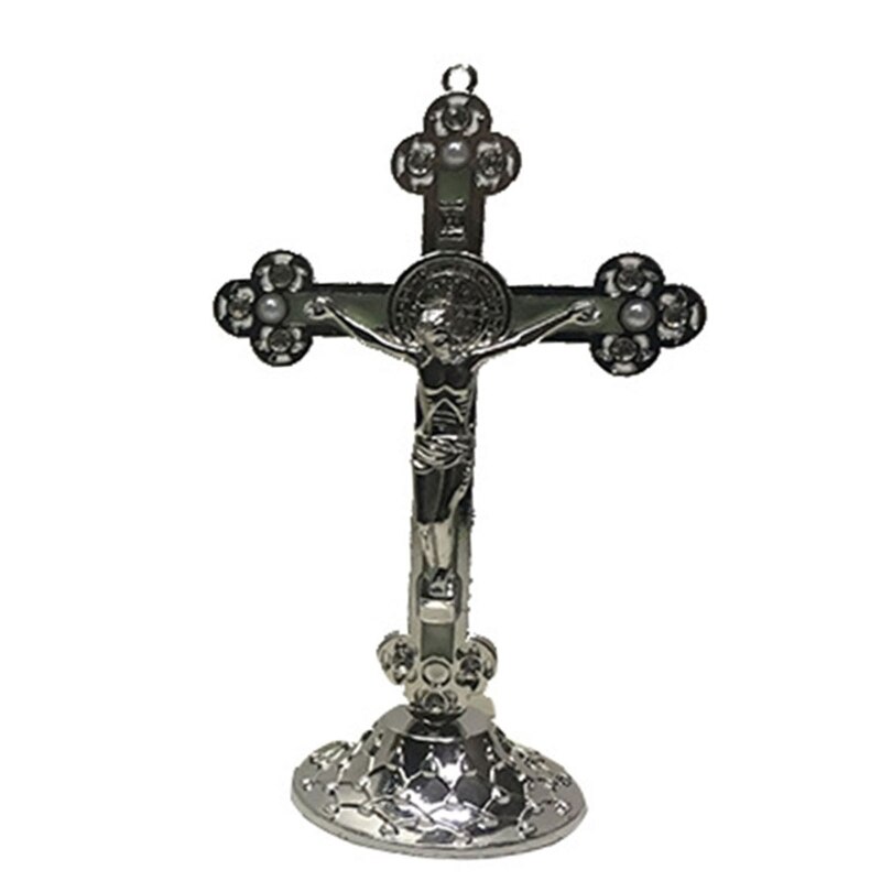 Cross Ornament Christus Katholieke Cross Staan/Muur Opknoping Beeldje Voor Home Auto Kerk Desktop Decoratie 2022: Silver