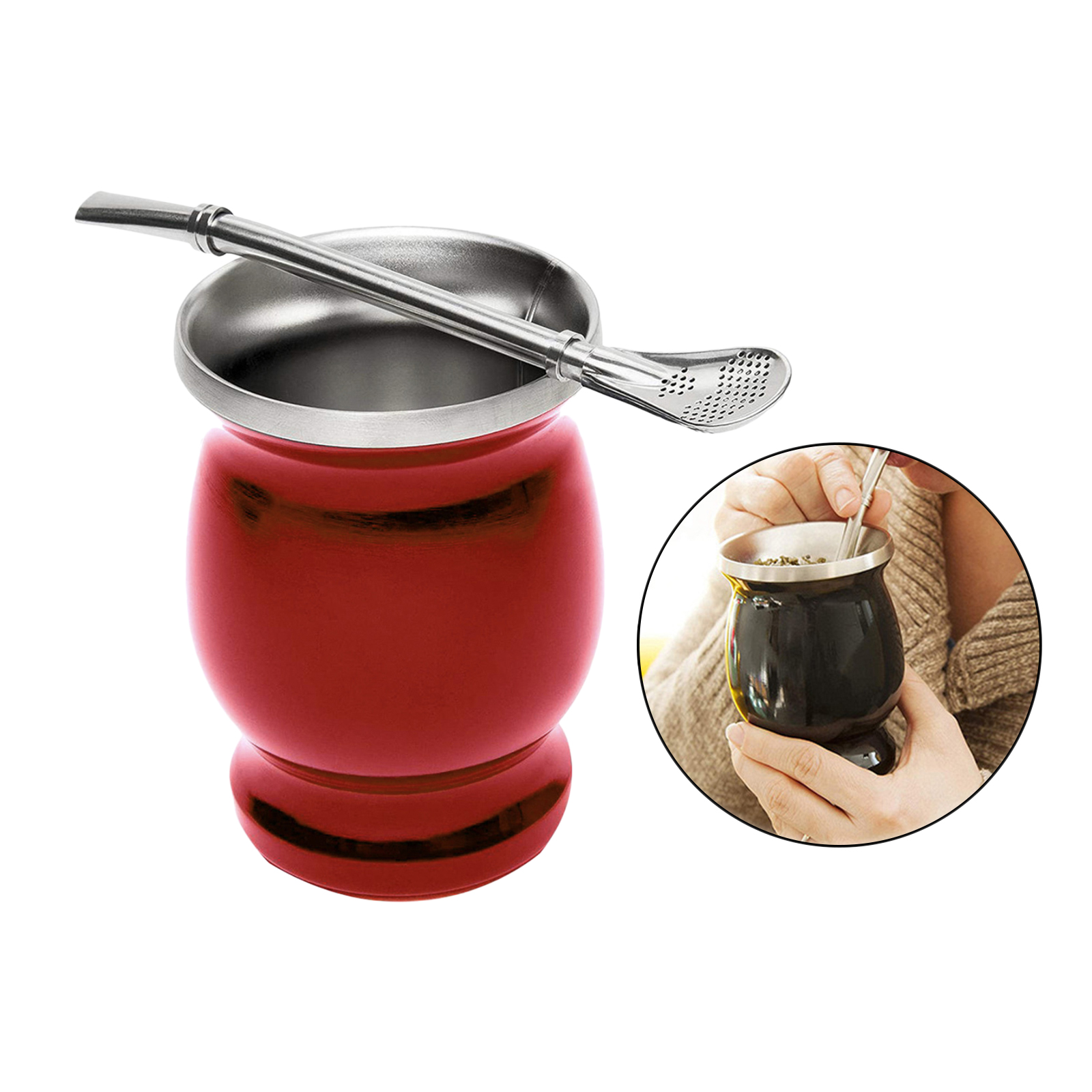 Rvs Dubbelwandige Moderne Yerba Mate Kalebas Mate Cup Dubbelwandige Mok Met Stro Lepel Traditionele Mate Cup: Red