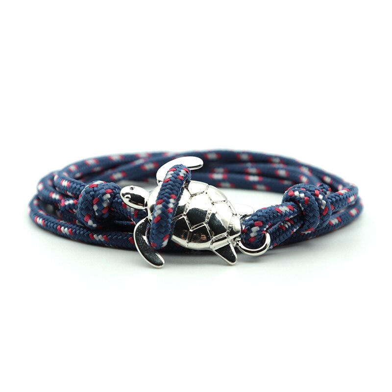 Pulsera de tortuga de mar Paracord hecha a mano para hombre y mujer, brazalete de vikingo con cuerda multicapa, joyería: Silver-Navy