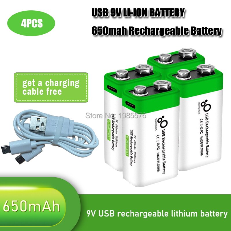 2-10PCS 9V 6F22 650mAh USB lithium Rechargeable battery 9 V li-ion batteries for Multimeter Microphone Toys Remote Control: 4PCS