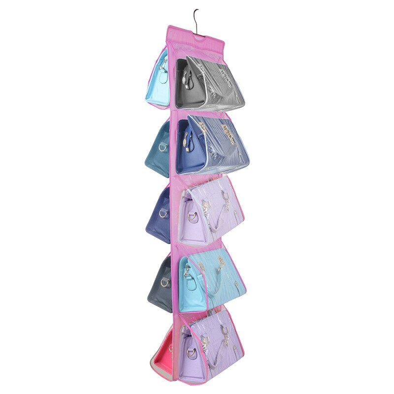 10 Pocket Folding Hanging Handbag Purse Storage Large Clear Holder Anti-dust Organizer Rack Hook Hanger: Roze