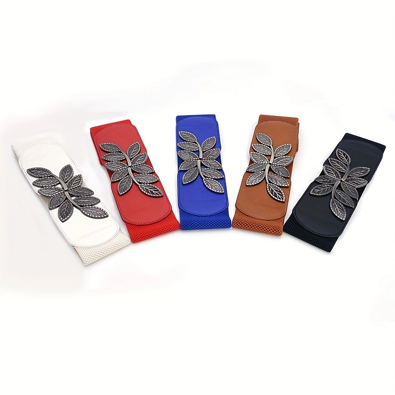 Cinture larghe con fibbia a foglia Vintage ▾ cintura elastica classica in vita tinta unita elegante cintura per cappotto per donna