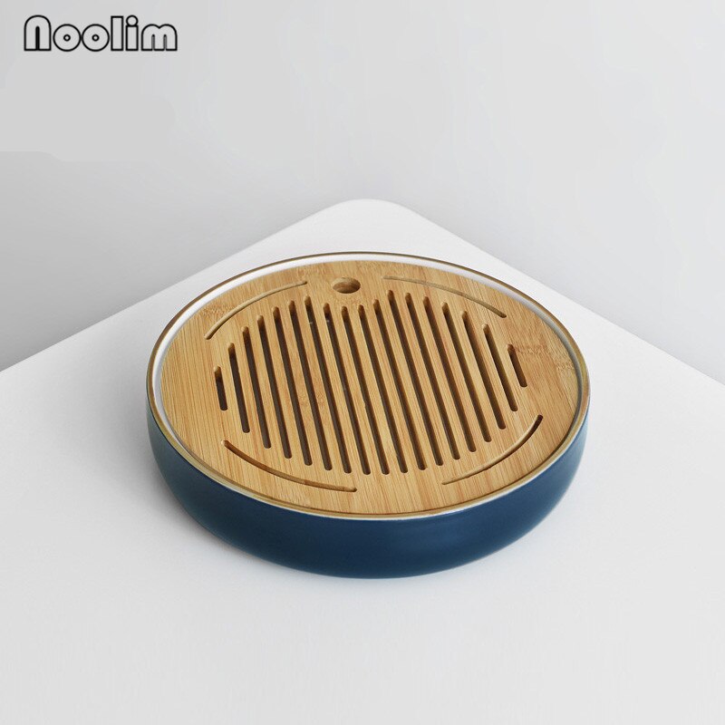 Ceramic Round Tea Tray Chinese Handmade Storage Holder Japanese Style Wooden Crafts Teahouse Table Teapot Tray Ornaments