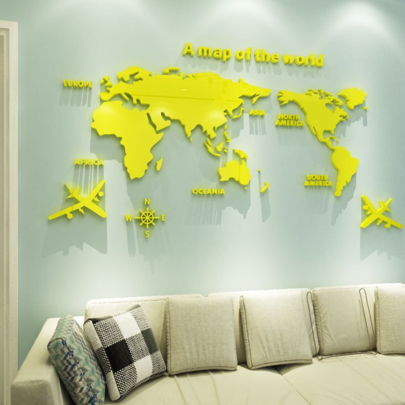 Geel 3D Acryl Grote Wereldkaart Muursticker Decal Voor Huis Decoratie Woonkamer Stickers Slaapkamer Interieur Behang