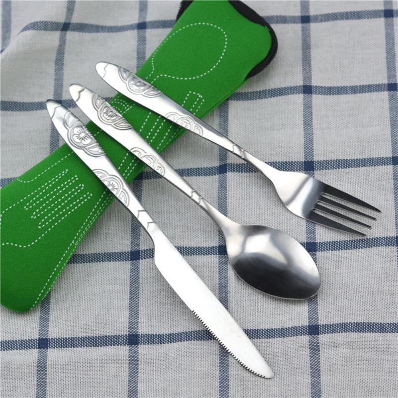 3 stk rustfrit stål bestik sæt bøf kniv gaffel ske med stofpose bærbart miljøvenligt service sæt