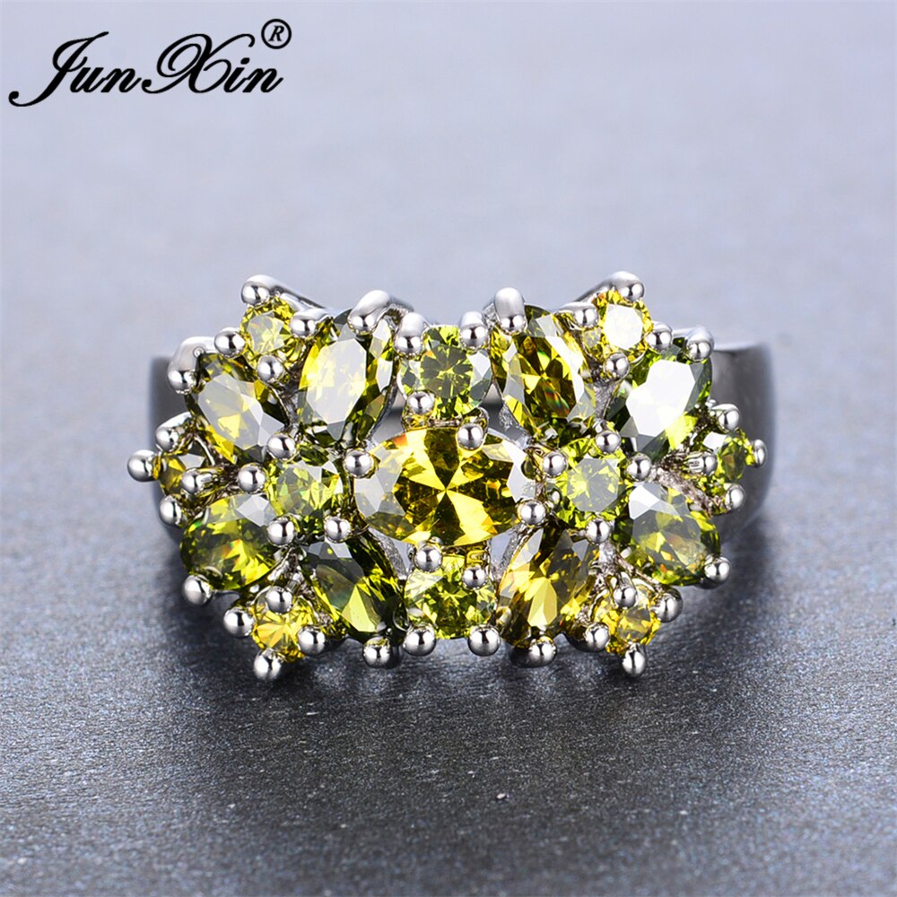 Junxin moda femminile peridot fiore zircone anello di lusso in oro bianco riempito di cristallo gioielli vintage anelli di cerimonia nuziale per le donne