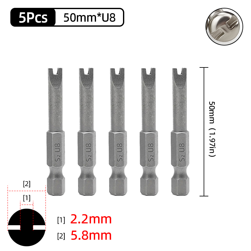 Magnetisk u-formad skruvmejselbitssats 1/4 " insex  s2 stål 50mm u4 u5 u6 u7 u8 u- typ skruvmejselbits spärrnyckel handverktyg: Silver-