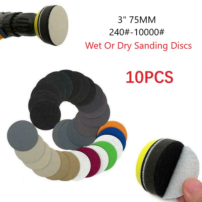 10 pièces papier de verre humide/sec 3 pouces 75MM crochet et boucle carbure de silicium 240-10000 grains disque de ponçage étanche